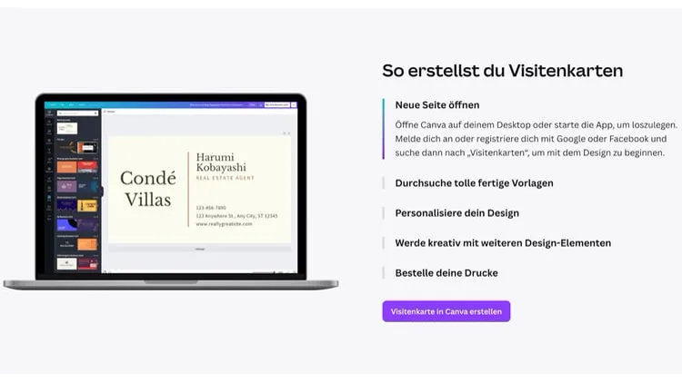 Die Grafik zeigt eine Schrit-für-Schritt Anleitung für die Erstellung von Visitenkarten in Canva.