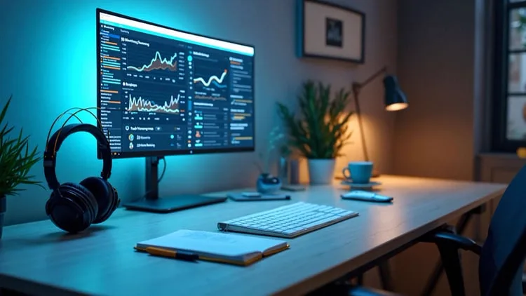 Der Home-Office Schreibtisch illustriert die Möglichkeit Trainings für Online Marketing ortsunabhängig zu machen.