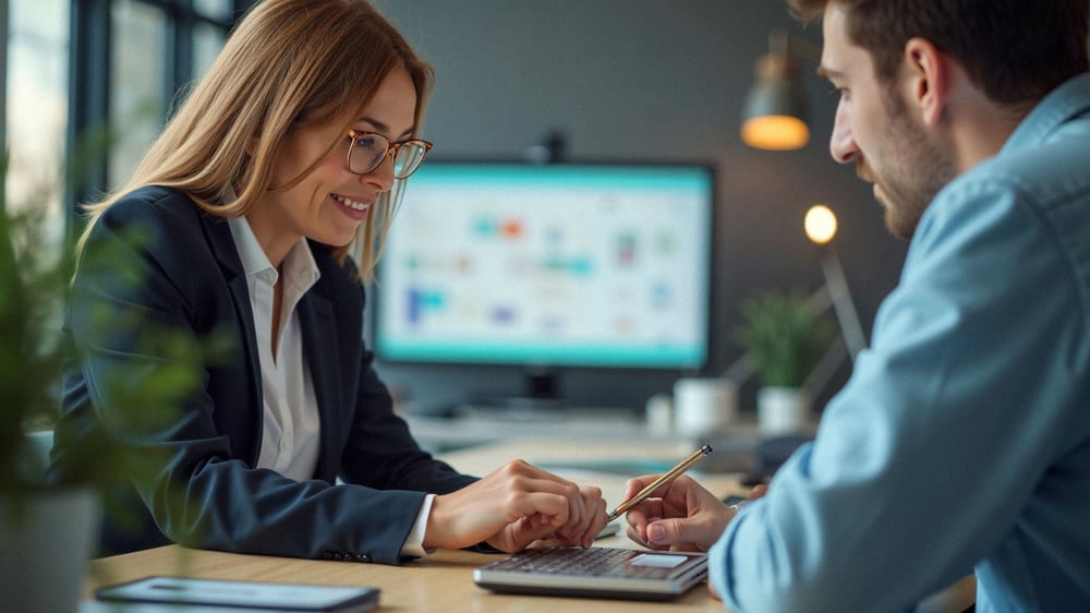 Zwei Kollegen arbeiten gemeinsam an Präsentationen in Powerpoint und Canva.