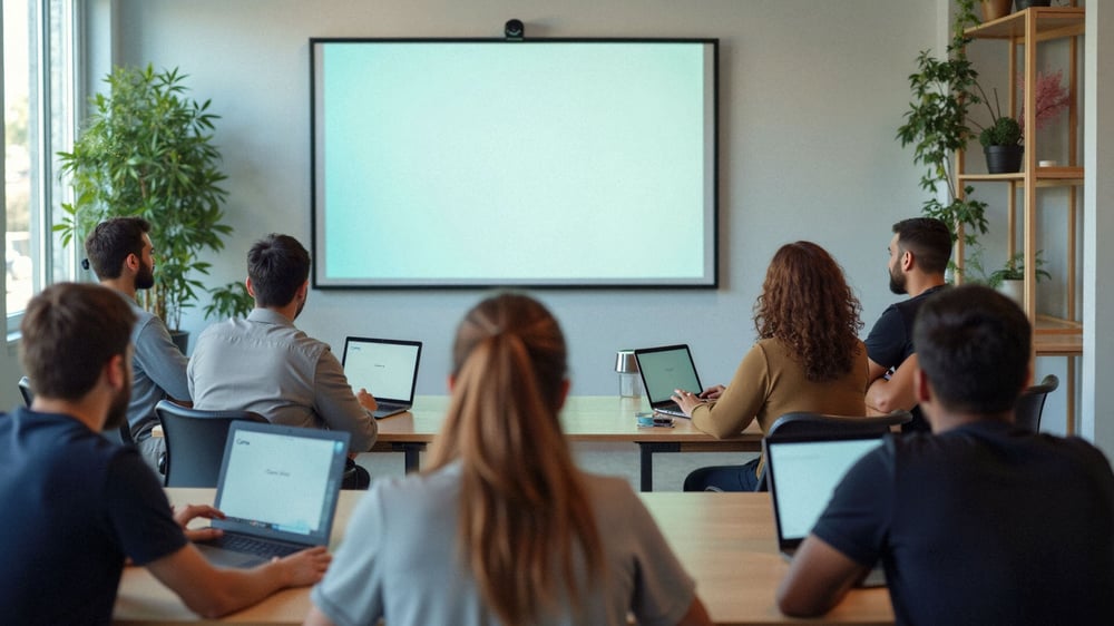 Eine Gruppe von Kollegen sitzt in einem Schulungsraum und wartet auf den Start des Canva Trainings.