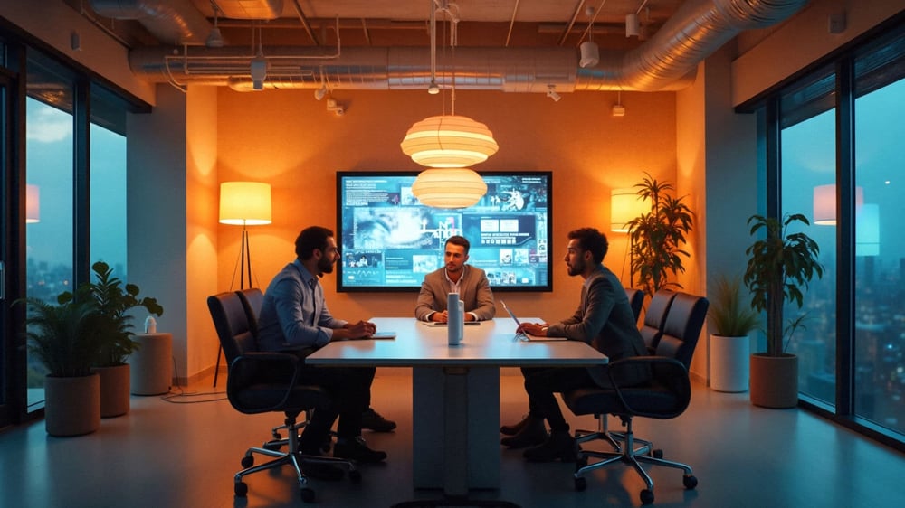 Das Marketing Team sitzt in einer gemütlichen Büro Atmosphäre und spricht über ChatGPT.