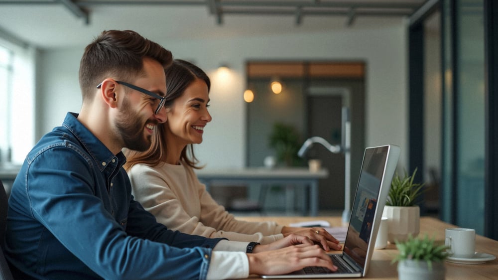 Die zwei Kollegen sitzen vor dem Computer und erstellen einen deutschen Prompt für ChatGPT.