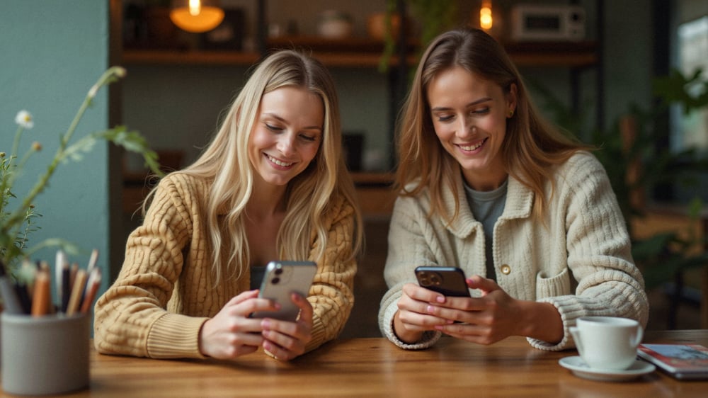 Zwei Frauen erstellen Content an ihren Smartphones.