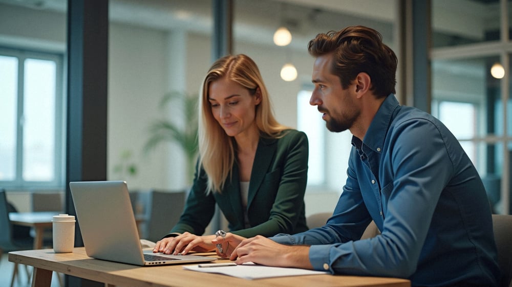 Zwei Personen sitzen zusammen vor einem Computer und sind verantwortlich für das Content Management.