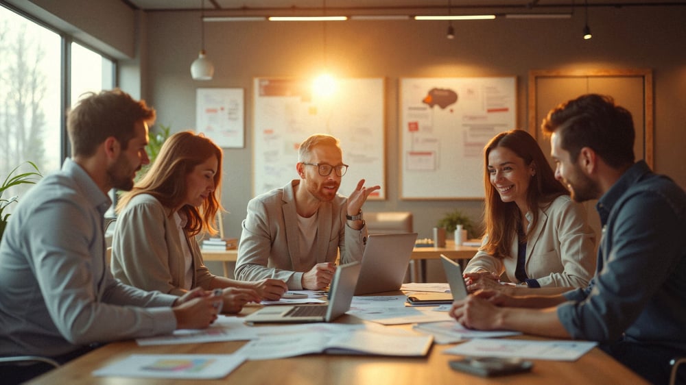 Die Kollegen sitzen im Büro mit dem Content Manager zusammen.