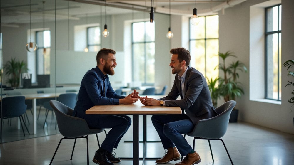 Zwei Kollegen sitzen gemeinsam am Tisch und besprechen kreative Content Marketing Strategien.