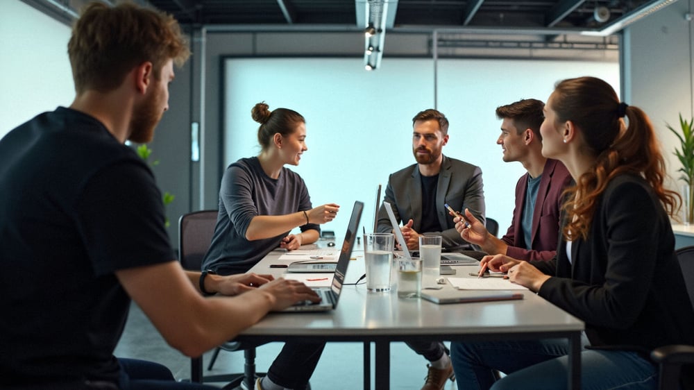 Die Kollegen sitzen gemeinsam im Büro und erstellen Content für deren Marketing.