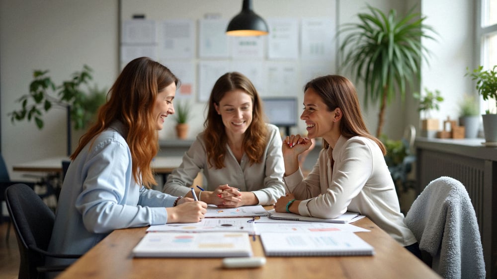 Drei Frauen sitzen am Schreibtisch zusammen und arbeiten an deren Content Plan.