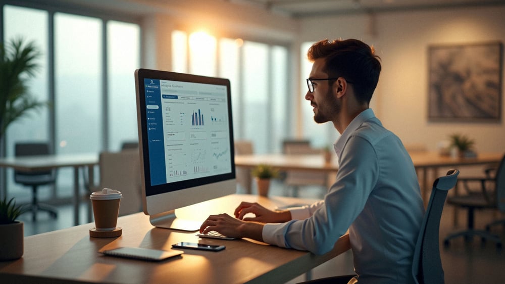 Ein Mitarbeiter sitzt vor dem Computer und stellt den Autopilot von Leadinfo richtig ein.