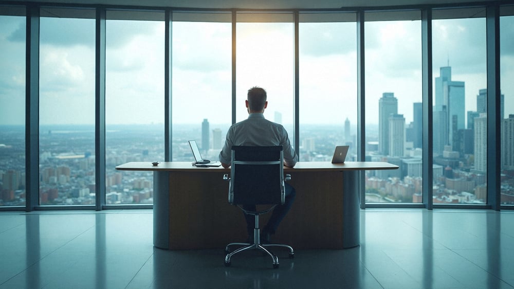 Der CFO sitz in seinem geräumigen Office und plant das Marketing-Budget.