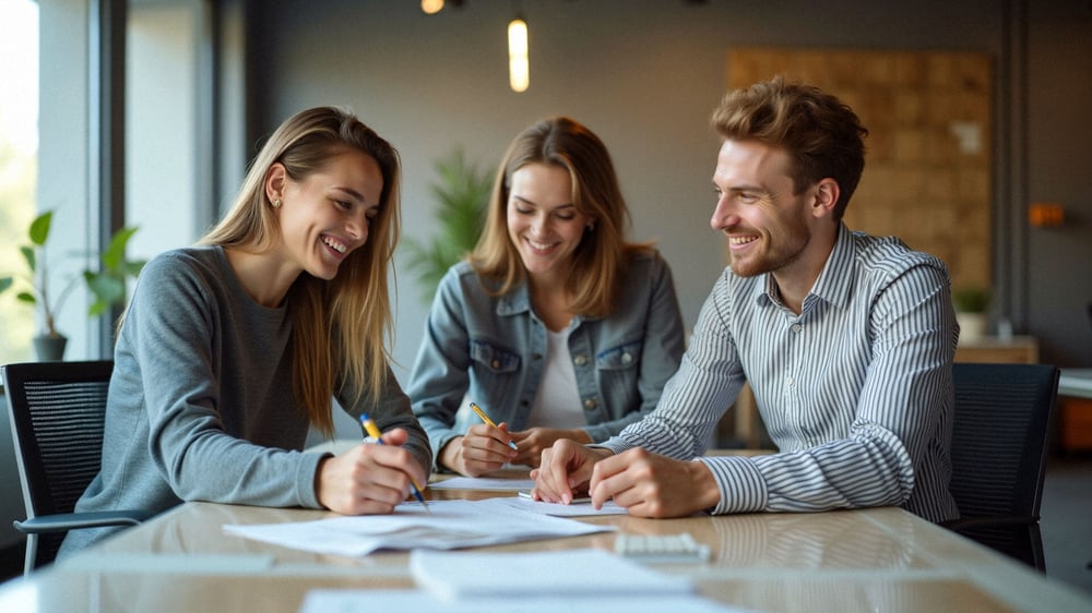 Drei Kollegen sitzen gemeinsam zusammen und besprechen die Kommunikation im Marketing vom Unternehmen.