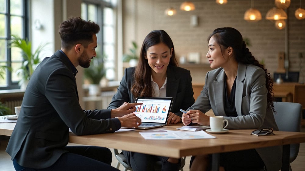 Drei Mitarbeiter sitzen gemeinsam zusammen und arbeiten mit Hilfe des Marketing Mix.