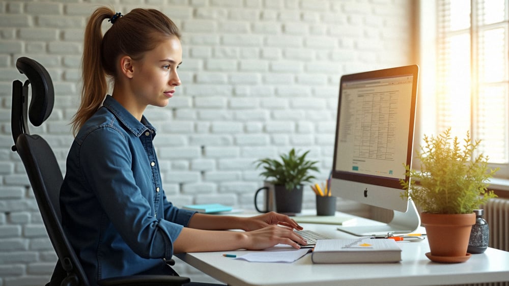 Frau sitzt als Freelancer im Online Marketing konzentriert vor dem Computer.